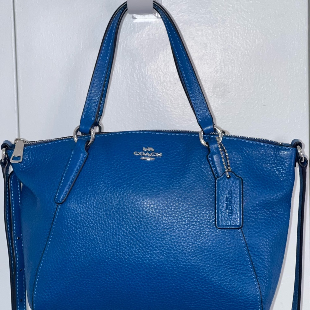 Coach Blue Crossbody Bag with Pebbled Leather and Silver Accents
